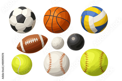 Set of popular sports balls including soccer, basketball, volleyball, football, and baseball