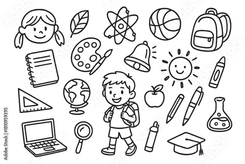 Seamless black and white pattern with school supplies, students, science, and learning items