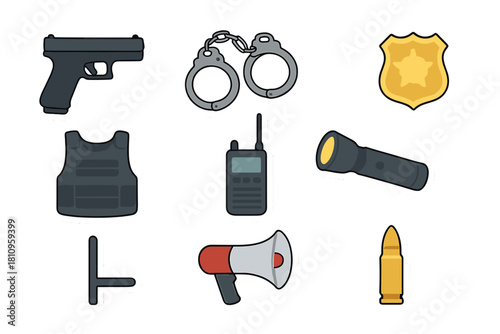 Set of police equipment and law enforcement tools including gun, handcuffs, badge, and vest