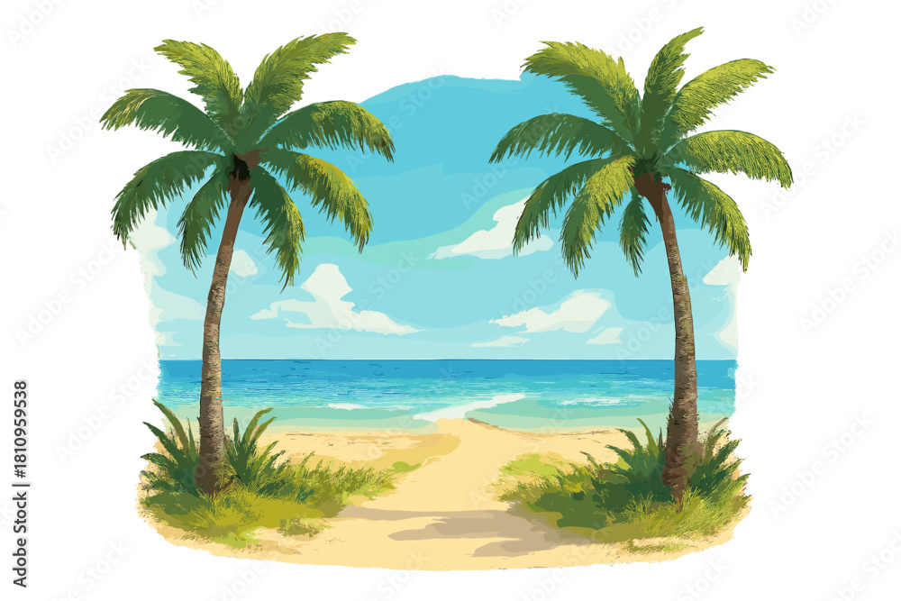 Obraz premium Sandy path leading to turquoise ocean framed by lush palm trees
