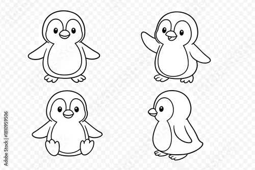 Four cute cartoon baby penguin outlines for coloring book pages