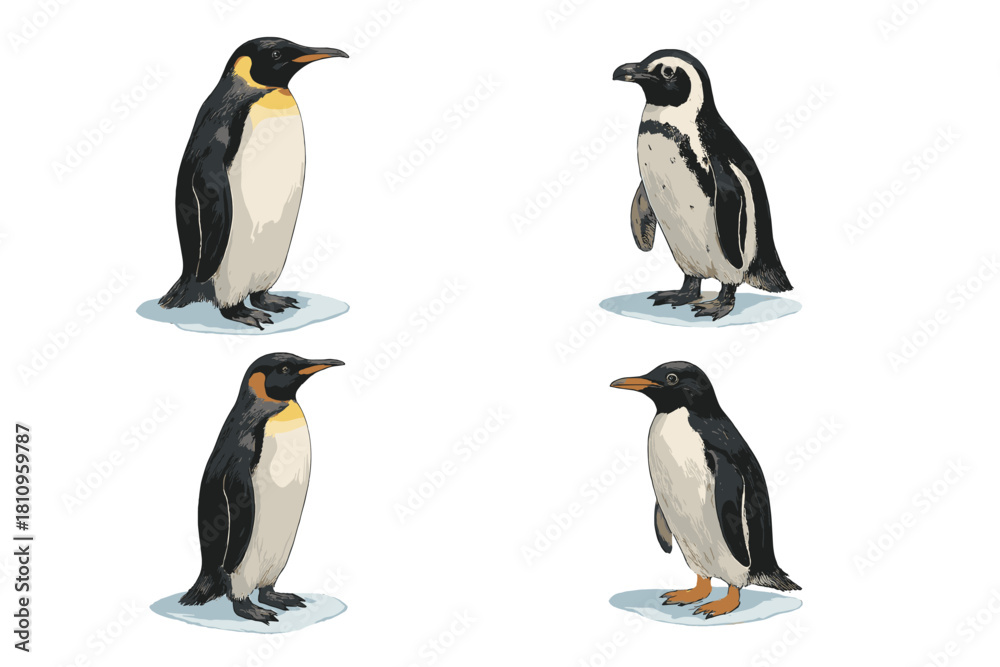 Fototapeta premium Comparison of Emperor and Magellanic penguins standing on ice floes