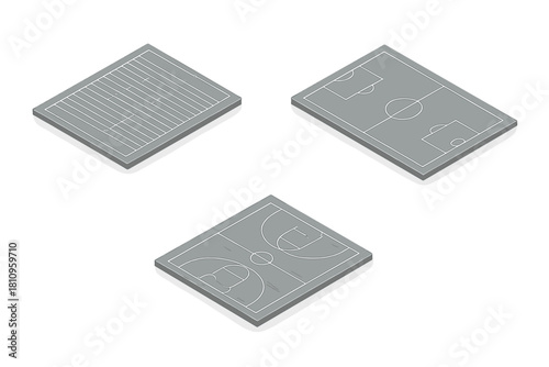 Isometric icons set of basketball soccer and football sports fields markings