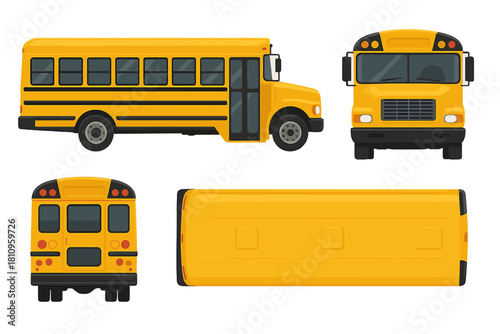 Yellow school bus set side front rear and top views