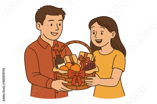 Smiling couple presenting gourmet food and wine gift basket