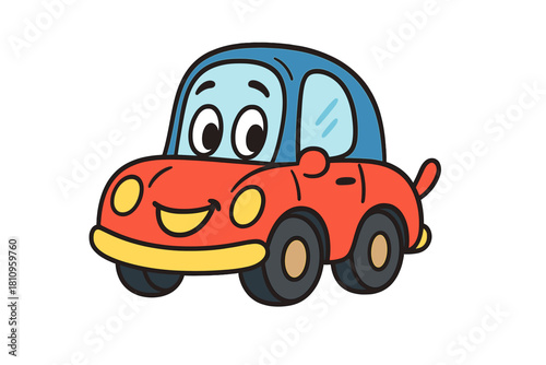 Happy cartoon red car character with cheerful expression and blue roof