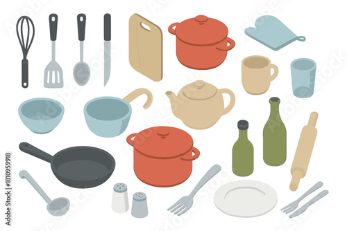 Isometric icons set of kitchen utensils and cookware tools