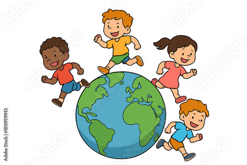 Joyful diverse children running around planet Earth globe in motion