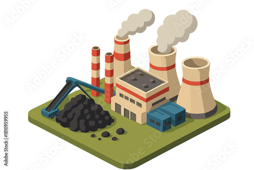 Isometric thermal power station with smokestacks and fuel storage area