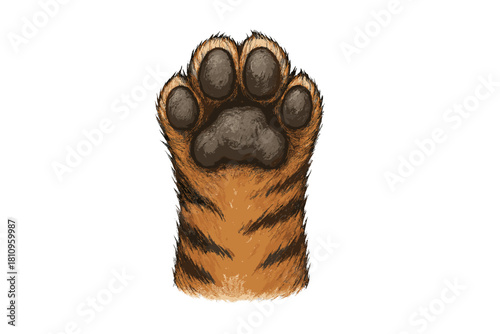 Realistic tiger paw pad and fur detail isolated on white background