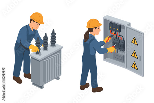 Electricians performing maintenance on power transformer and electrical panel