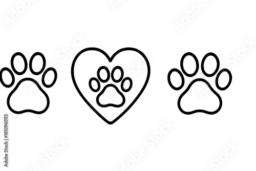Black outline set of three paw prints including one inside a heart shape