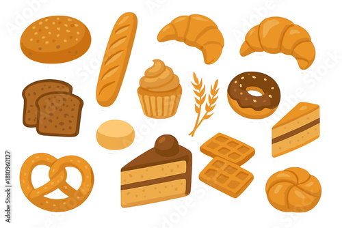 Assortment of baked goods and pastry items displayed as individual stickers