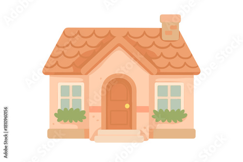 Cute cartoon cottage facade with arched doorway and chimney