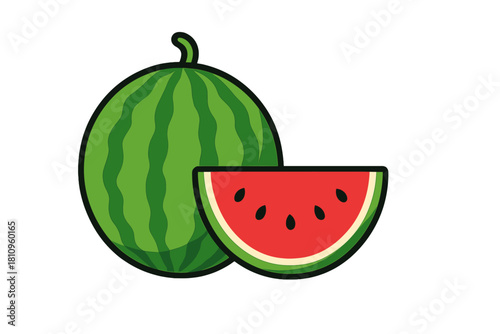 Whole watermelon fruit with a single slice showing red flesh and seeds
