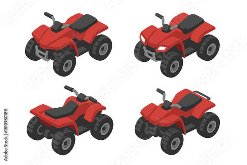 Four isometric red all-terrain vehicles shown from different perspectives