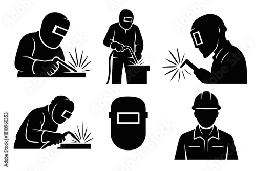 Black and white icons showing welders performing arc welding and safety equipment