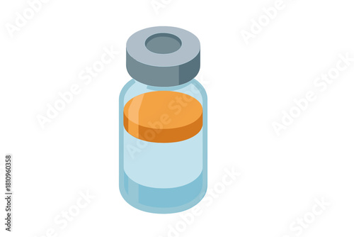 Isometric glass vial with orange liquid and gray stopper