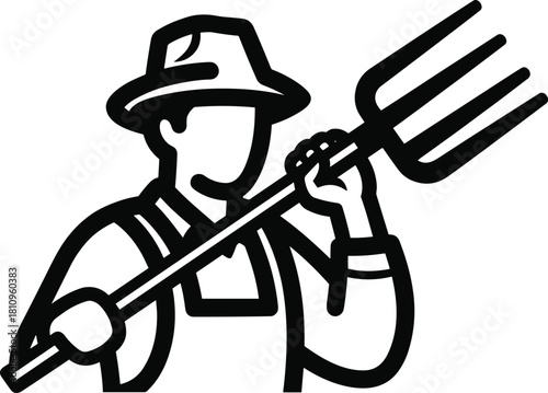 Farmer silhouette, pitchfork man, rural worker, agriculture icon, black vector, farming tool, countryside labor, bold lines, cad drawing flat vector illustration
