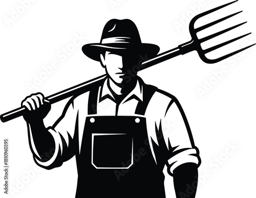 Farmer silhouette, pitchfork man, rural worker, agriculture icon, black vector, bold lines, manual labor, cad drawing flat vector illustration