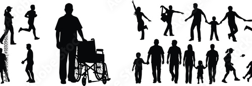 Inclusive human silhouette, activity pose vector, walking dancing jumping, wheelchair support scene, family interaction icons, cad drawing flat vector illustration
