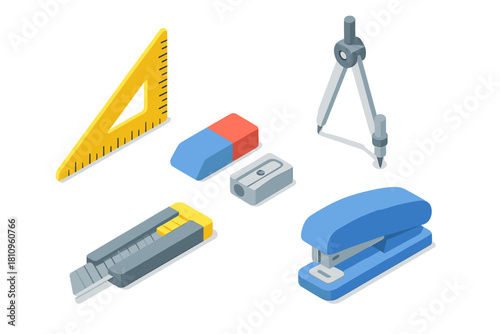 Isometric set of drafting and stationery tools on clean white background