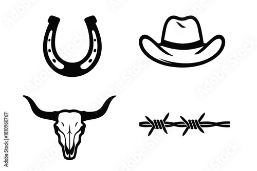Western and ranching icons: horseshoe, cowboy hat, bull skull, and barbed wire