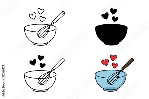 Baking mixing bowl and whisk with floating hearts icons set