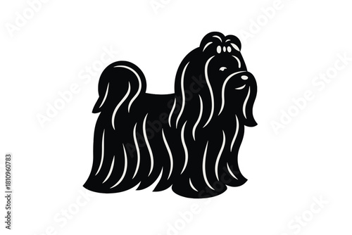Stylized black silhouette profile of a small long-haired dog breed