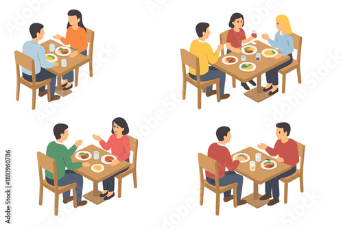 Isometric couples and groups enjoying meals together at restaurant tables
