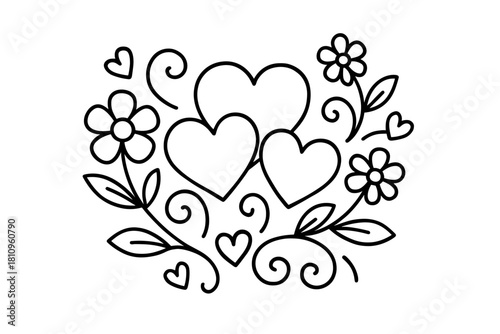 Three intertwined hearts with decorative floral elements and abstract swirls