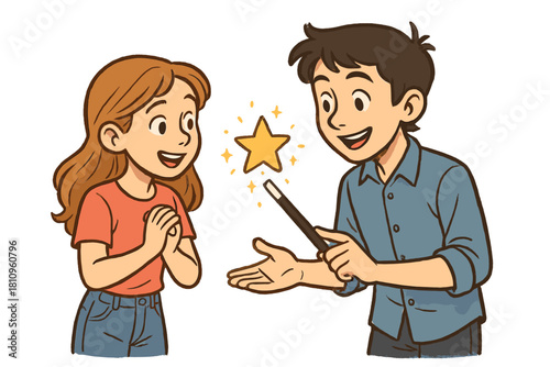 Boy performing magic trick with wand creating glowing star for amazed girl