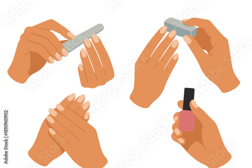 Sequence of hands performing manicure steps with buffer and pink nail polish