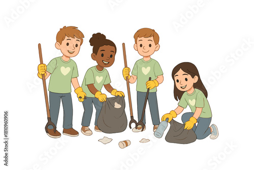 Diverse group of children cleaning up litter with gloves and trash bags