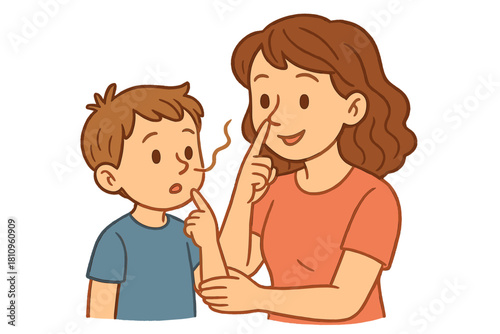 Mother guides child's finger near nose demonstrating sense of smell