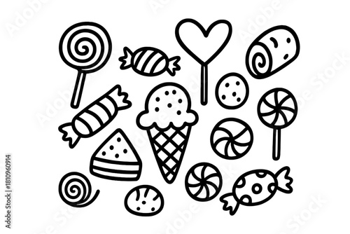Collection of outline icons representing various sweet treats and confectionery items