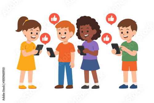 Happy diverse children interacting with mobile phones and social media icons