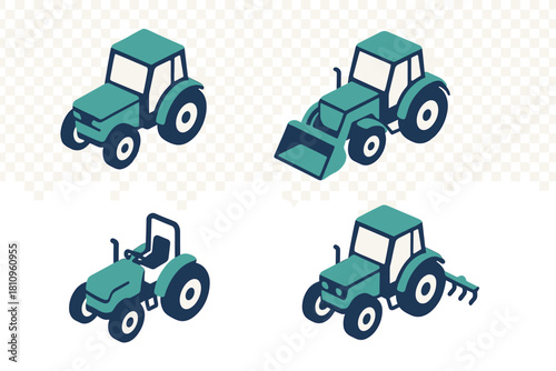 Four isometric icons of agricultural tractors with various functional attachments