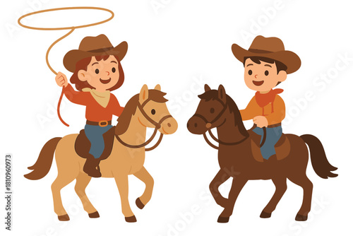 Smiling children cowboys riding horses with lasso rope