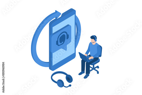 Isometric customer support agent with laptop and mobile communication icon