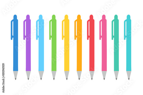 Colorful ballpoint pens with clips arranged in a row isolated on white