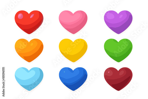 Nine glossy 3D heart icons in various bright colors