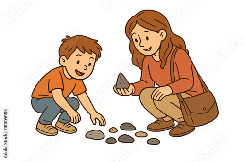 Mother and child examining small rocks during outdoor nature exploration