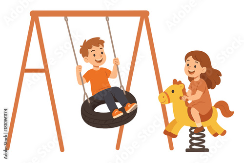 Happy children playing on playground equipment with tire swing and spring rider