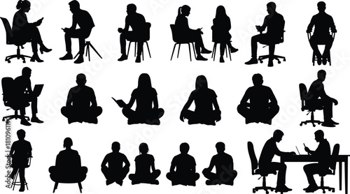 Seated human silhouette, sitting posture vector, reading writing activity, laptop usage pose, social interaction icons, cad drawing flat vector illustration