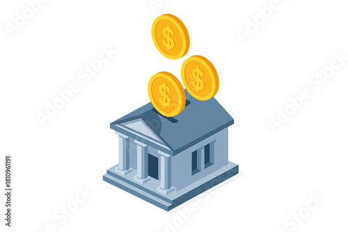 Isometric bank building receiving falling dollar coins for savings concept