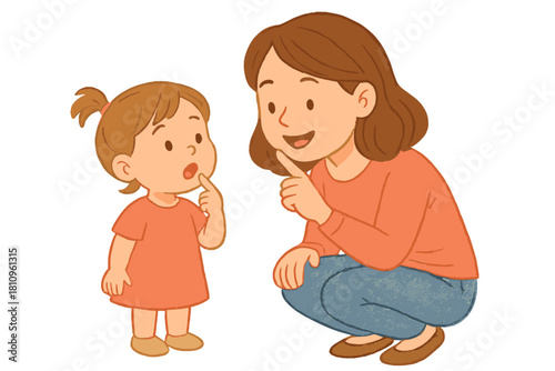 Mother teaches young child gesture for silence or careful thought