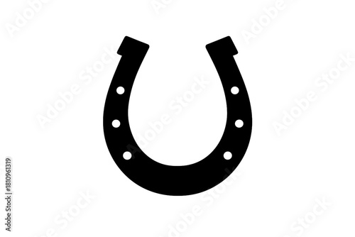 Black horseshoe icon with nail holes on a white background