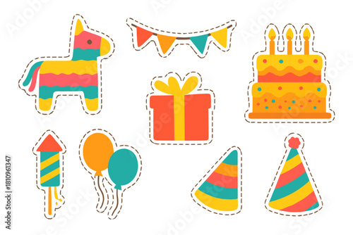 Colorful birthday party celebration sticker icons featuring pinata and cake