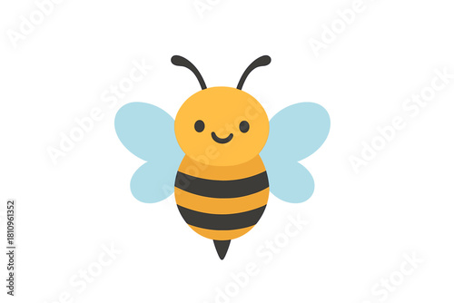 Happy cartoon bee insect with blue wings and black stripes